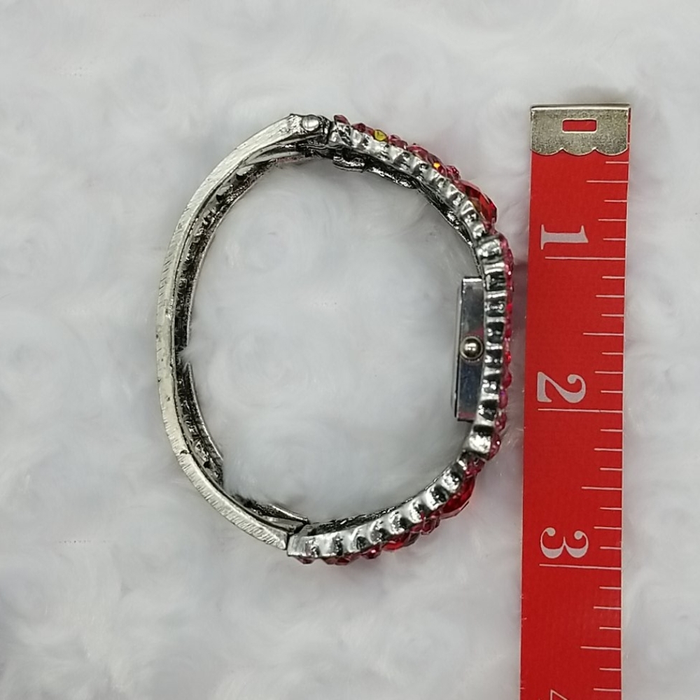 Figaro Couture Red Rhinestone Hinged Bangle Bracelet Watch - Picture 9 of 10